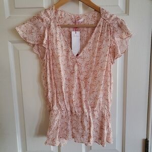 Parker Floral Silk / Viscose Peplum Ruffle Sleeve v Neck Top Sz XS